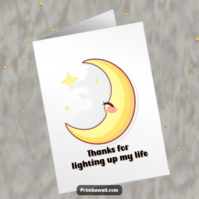 Funny free printable thank you card showing a winking crescent moon character sending a beam of light, conveying thanks.