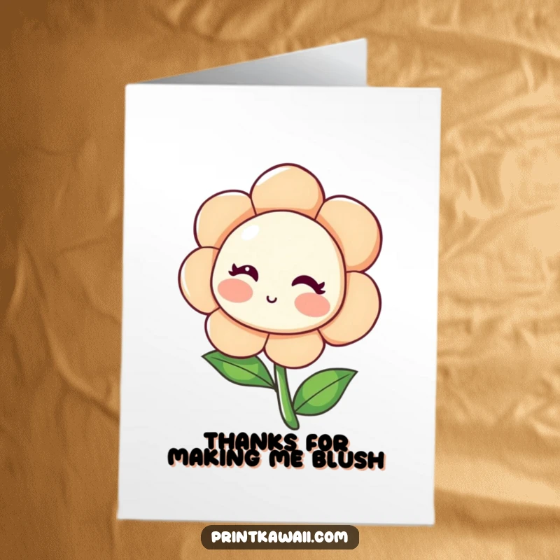 Funny Free Printable Thank You Card depicting a blushing flower character leaning inwards, perfect for expressing heartfelt thanks.
