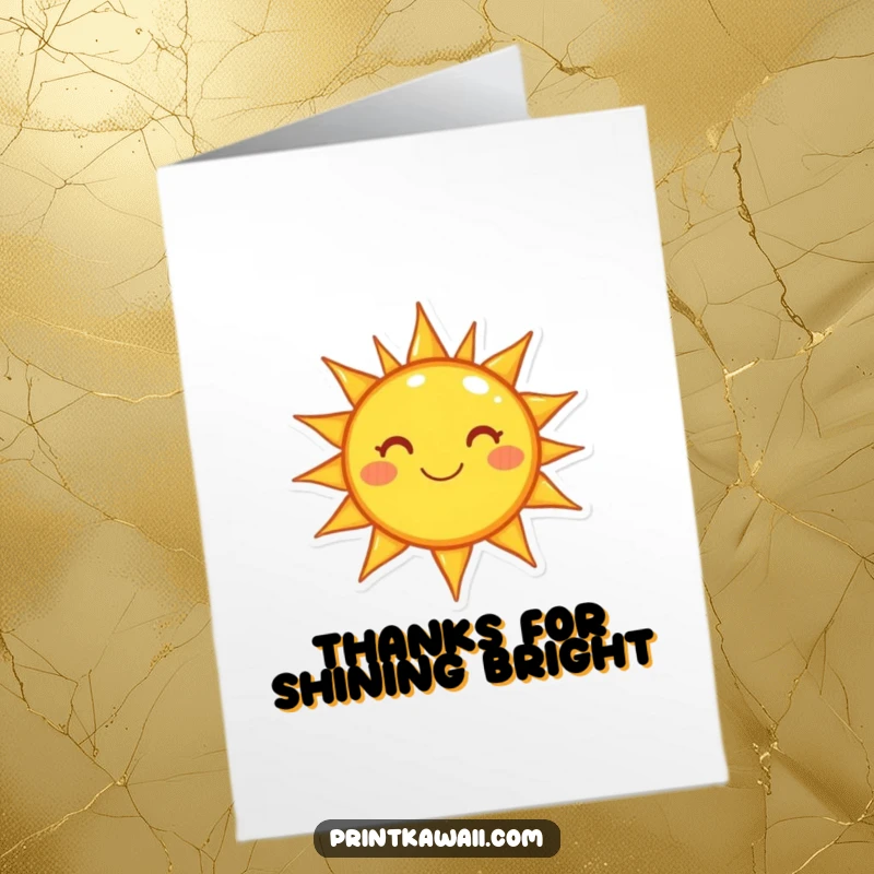 Funny free printable thank you card with a beaming sun character sending rays of gratitude and appreciation, full of warmth.