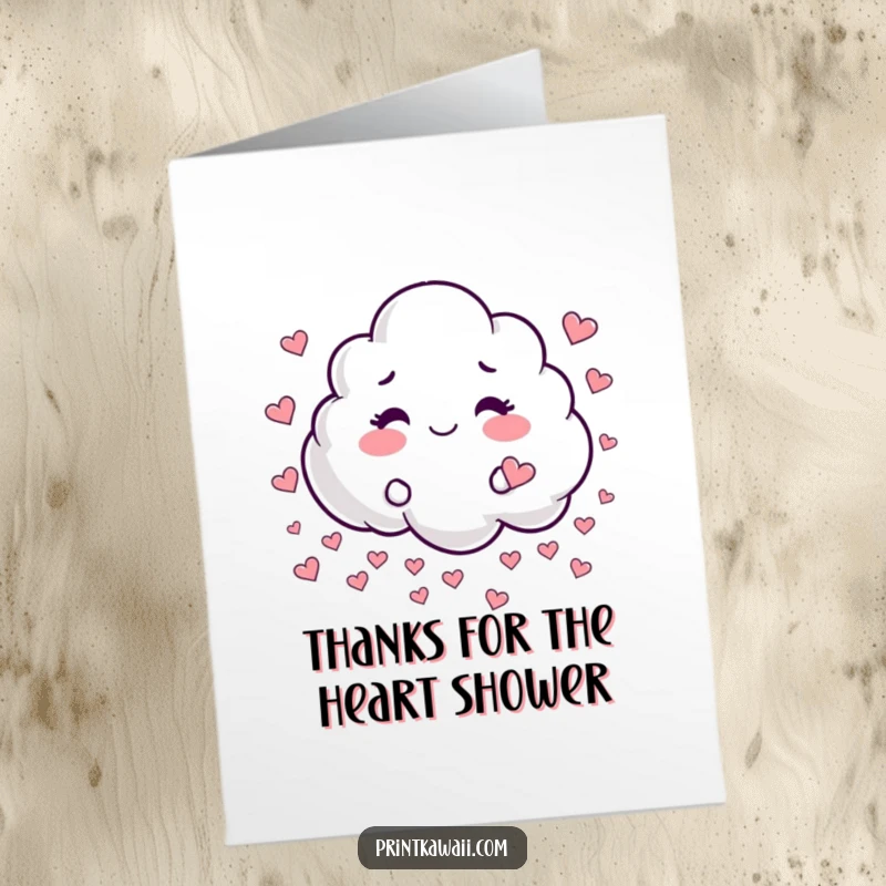 Funny Free Printable Thank You Card with a cloud character playfully raining small, lovely hearts.