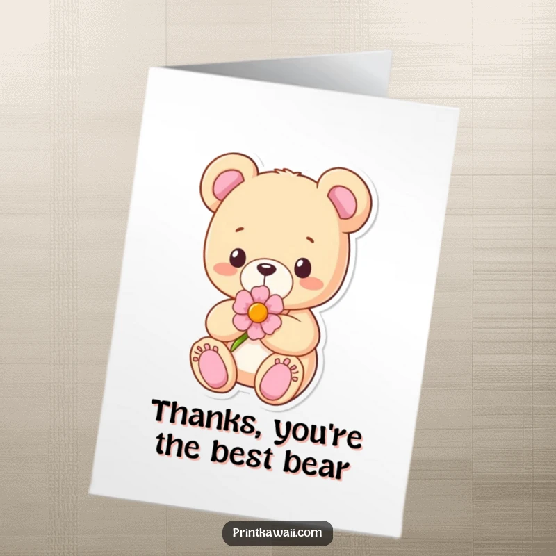 Funny Free Printable Thank You Card featuring a content teddy bear holding a flower, a sweet and downloadable thank you.