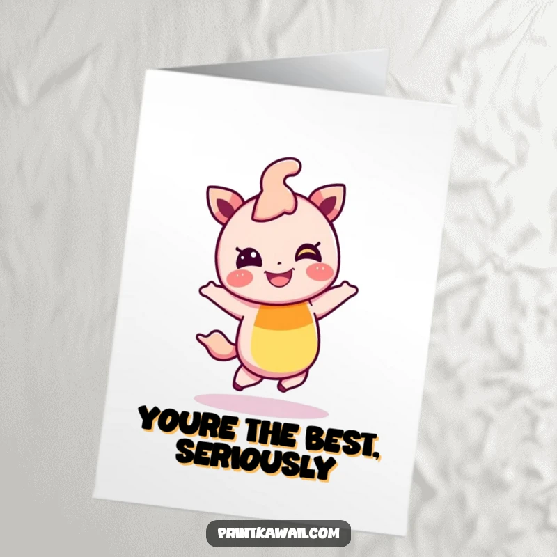 Funny Free Printable Thank You Card: Giggling rainbow character doing a happy hop, conveying heartfelt thanks with vibrant energy.