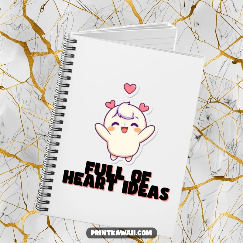 Funny notebook cover with a cute character joyfully floating upwards, a heart symbol above its head, perfect for creative journaling.
