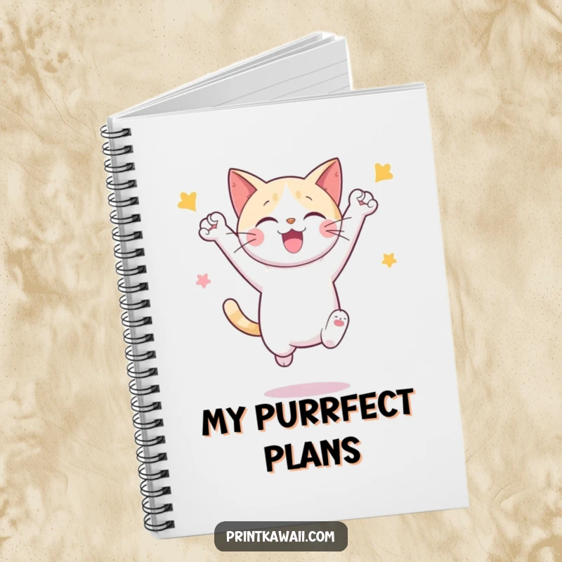 Funny notebook featuring a cute cat character caught mid-jump in a celebratory pose, ready to inspire your notes.