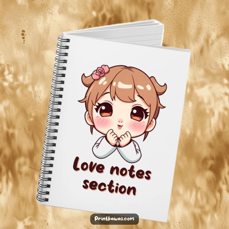 Funny notebook with a cute character blowing a kiss, cheeks flushed pink, designed for writing sweet notes.