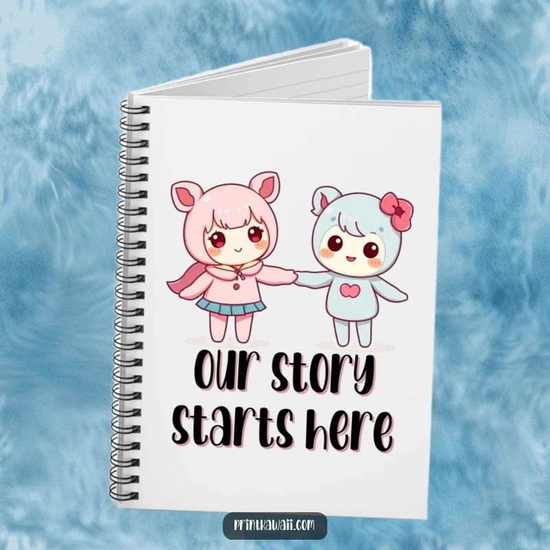 Funny notebook with two cute kawaii characters holding hands, ideal for writing down thoughts and plans.
