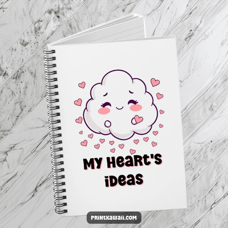 Funny notebook with a whimsical cloud character playfully raining tiny hearts, ready for capturing sweet ideas.