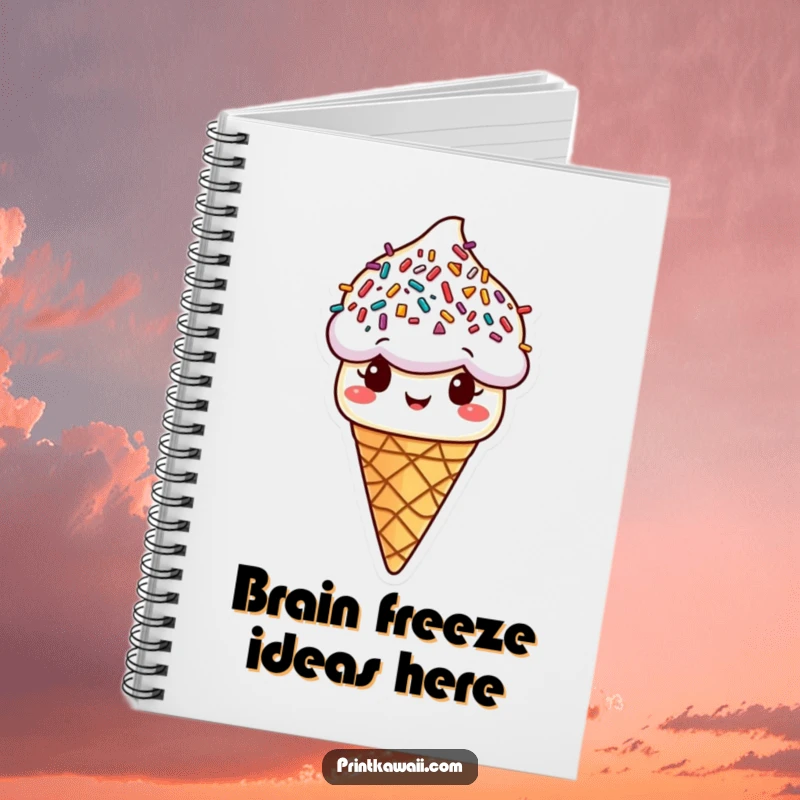 Funny ice cream cone notebook with cheerful sprinkle hair, ready for notes and ideas, a fantastic funny gift.