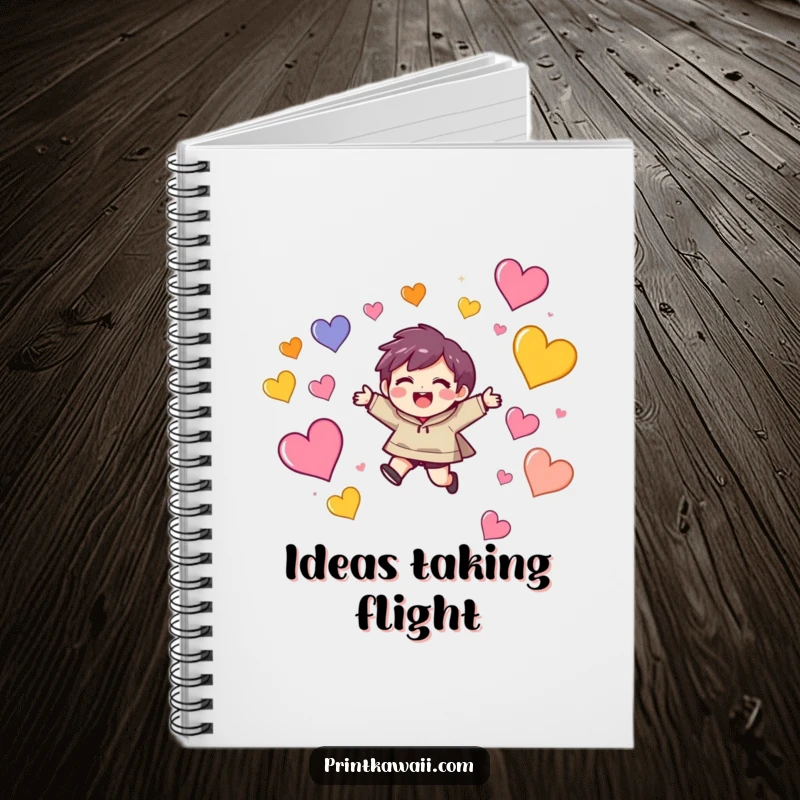 Funny notebook cover with a character showing a delighted expression leaping joyfully amongst colorful, floating hearts, perfect for journaling.