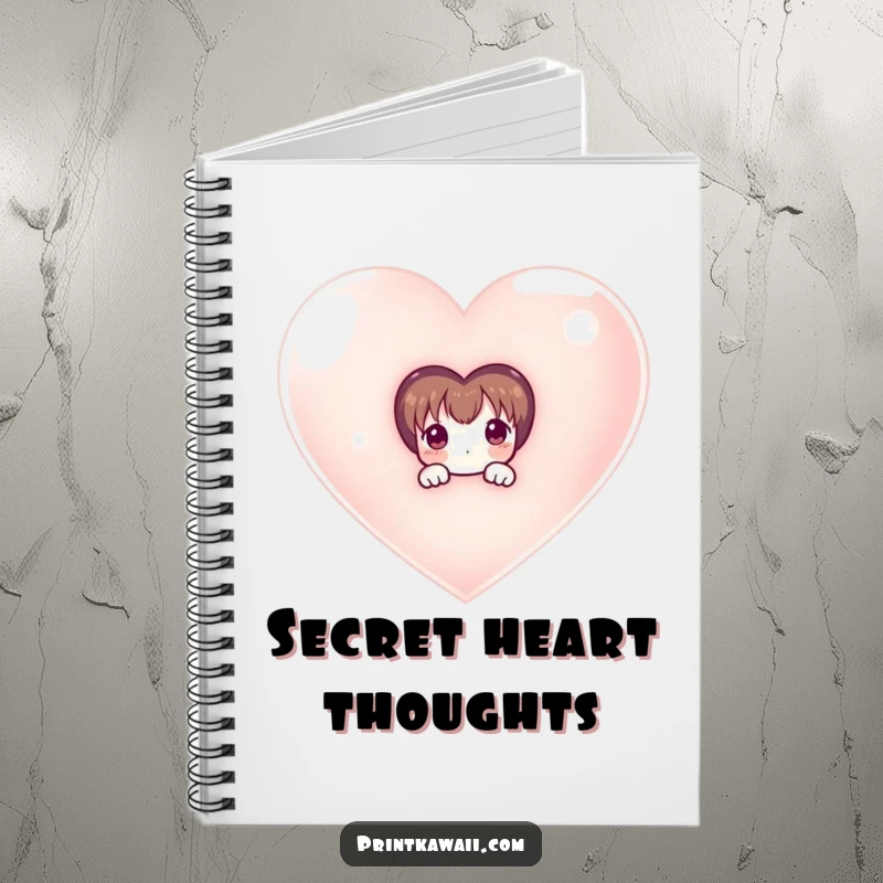 Funny notebook cover with a shy character peeking from behind a large, shimmering heart, perfect for private thoughts.