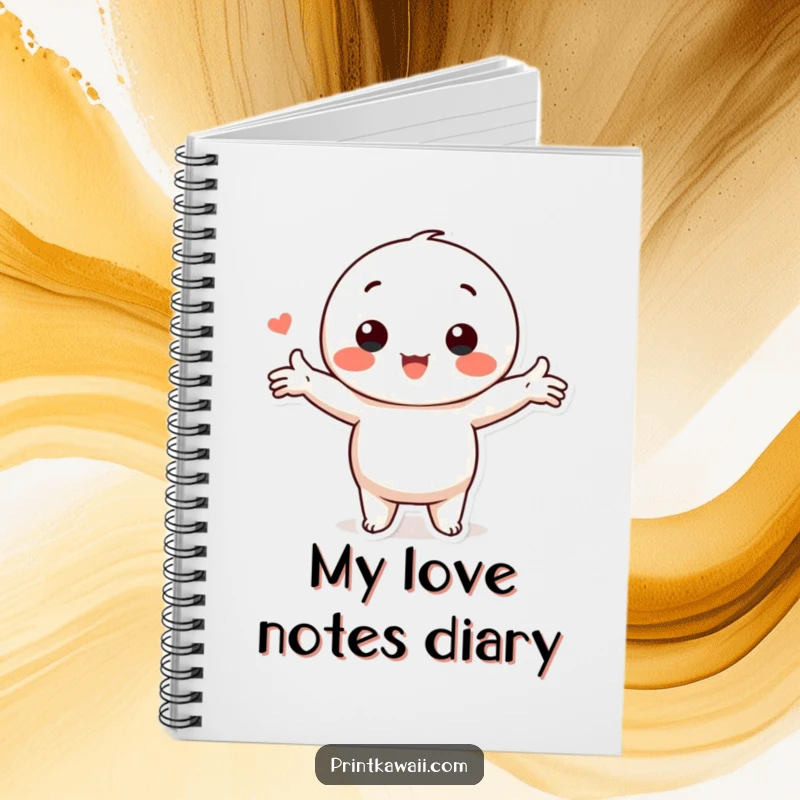 Funny Kawaii Love Notebook: Cute character in a loving pose with arms outstretched, perfect for journaling feelings.
