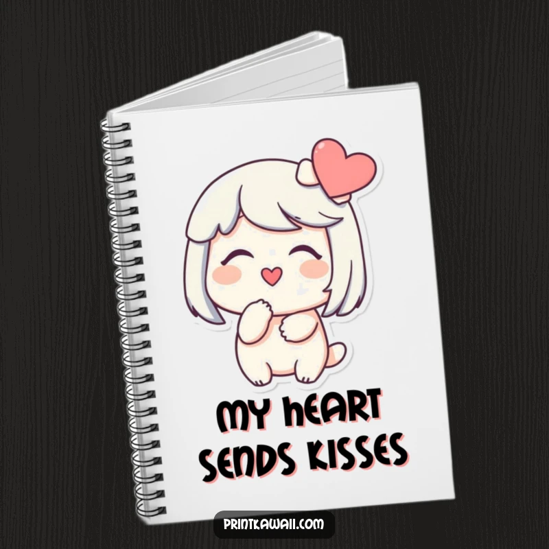 Funny notebook with a character smiling gently, blowing a kiss towards a heart, perfect for journaling and expressing love.