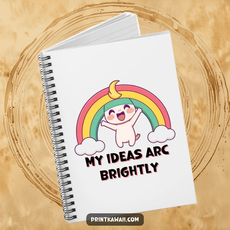 Funny Notebook featuring a playful rainbow character arching joyfully, perfect for jotting down colorful ideas and inspirations.