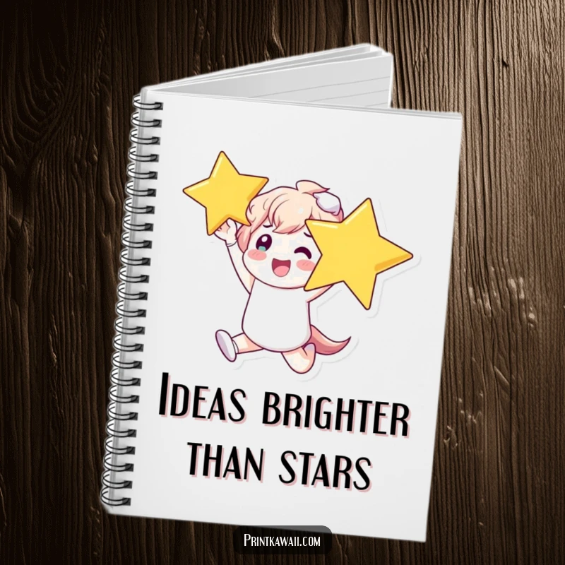 Funny Notebook with a character leaping, holding aloft a huge, glowing star, perfect for jotting down brilliant ideas.