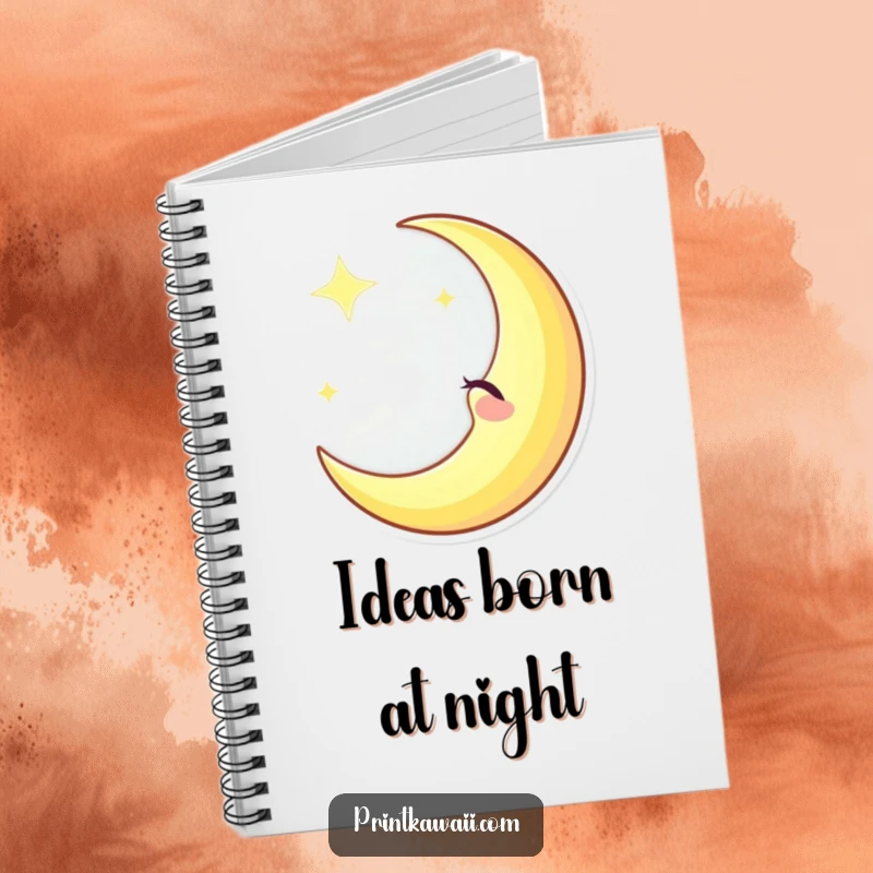 Funny winking crescent moon character on a notebook, casting a gentle glow, perfect for jotting down thoughts with celestial humor, funny gift.