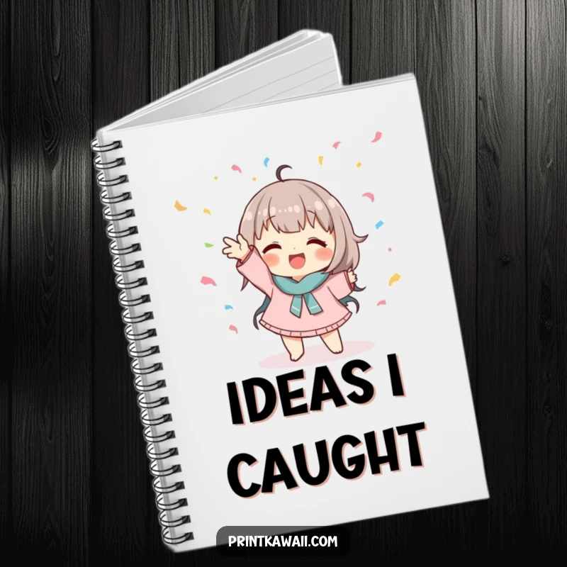 Funny notebook cover featuring a cute character in a playful pose catching falling confetti, perfect for jotting ideas.