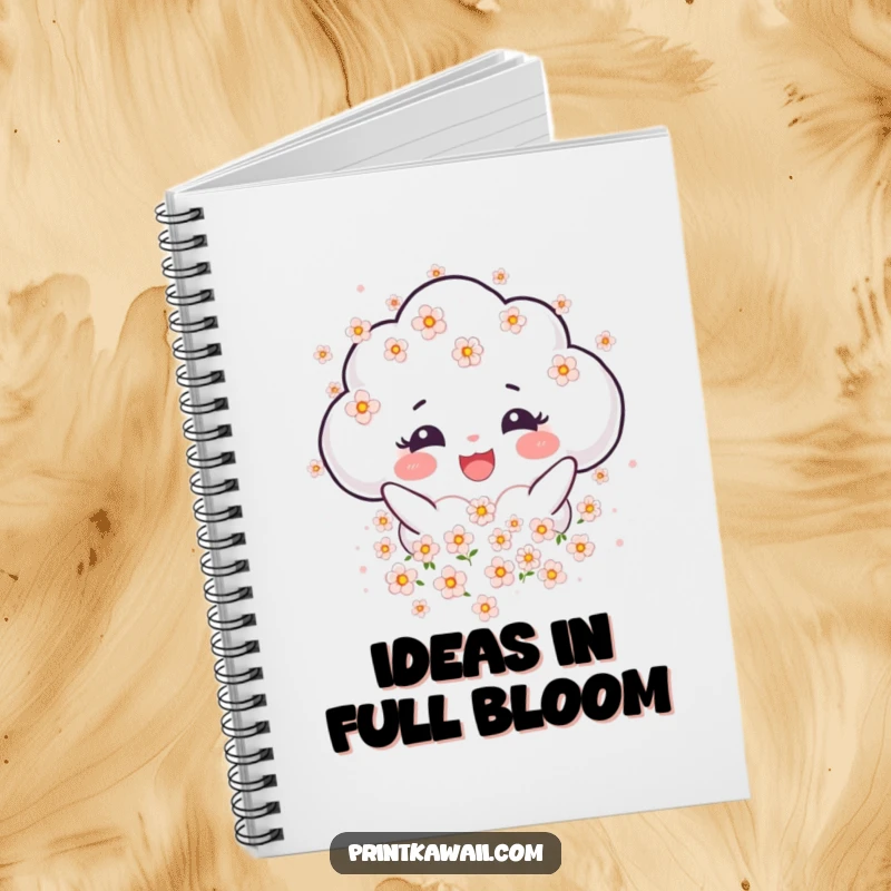 Funny Notebook with a joyful cloud character showering blossoms, ideal for jotting down notes with serene beauty.