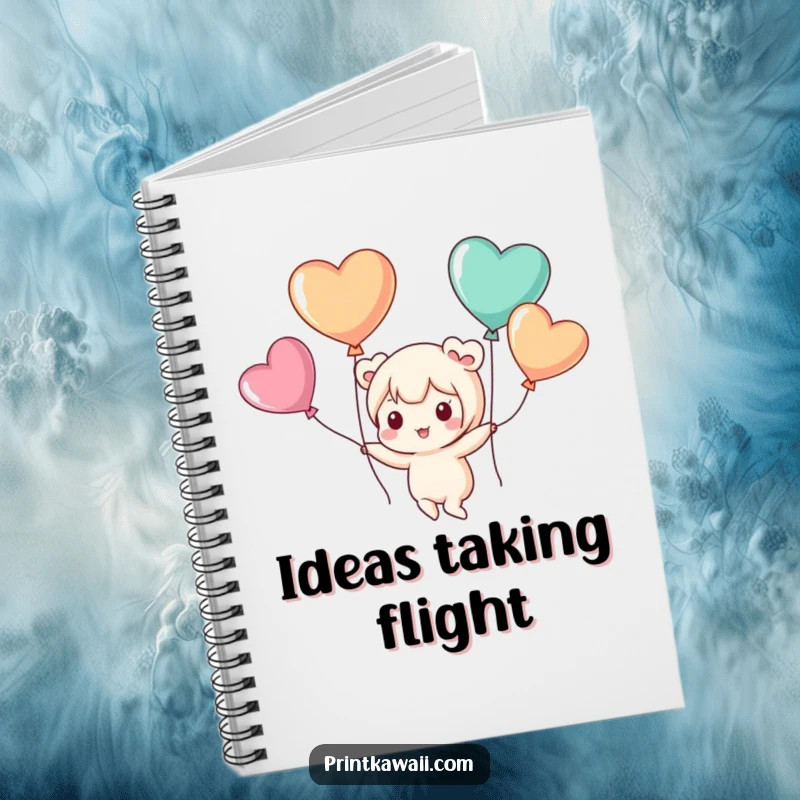Funny notebook with a cute kawaii character playfully floating with heart-shaped balloons, perfect for notes and ideas.