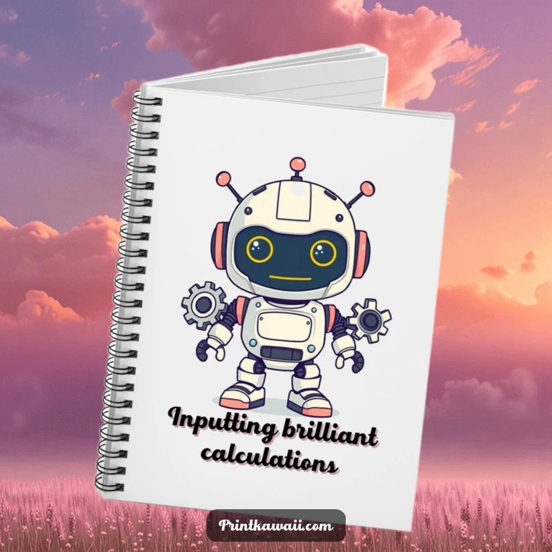Funny notebook with a playful robot character whose gears are turning, designed for capturing ideas and humorous musings.