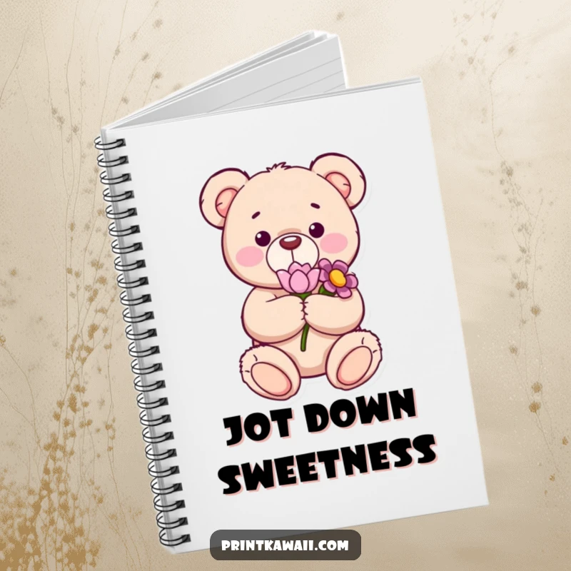 Funny notebook with a content teddy bear holding a flower, perfect for writing down sweet thoughts and creative ideas with a gentle touch.