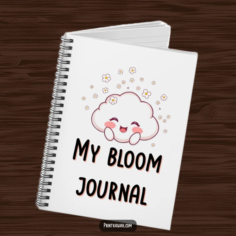 Funny notebook cover with a joyful cloud character showering tiny blossoms, perfect for journaling, notes, and capturing happy thoughts.