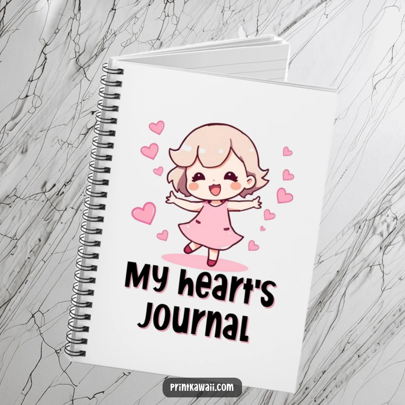 Funny notebook cover featuring a character doing a happy dance with a trail of sparkling hearts, perfect for joyful writing.
