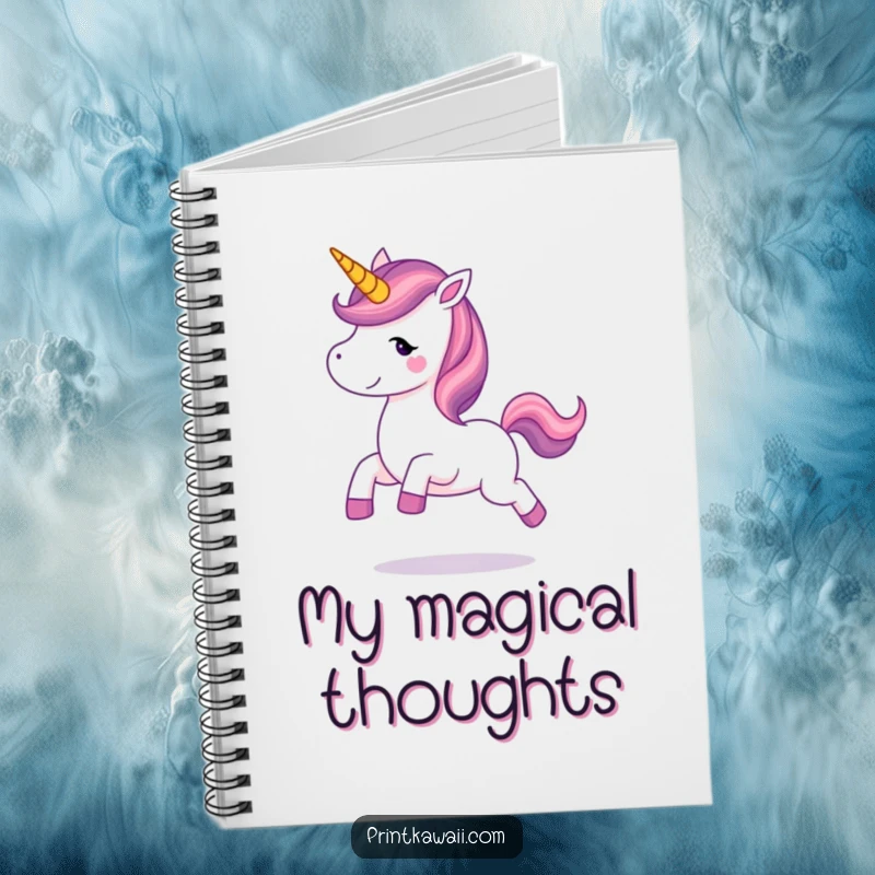 Funny unicorn character prancing joyfully on a notebook cover, inspiring magical thoughts and creative journaling with whimsical flair.