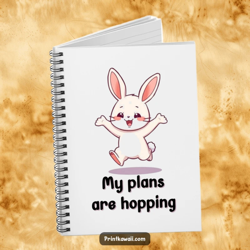 Funny notebook with a playful bunny character in a happy leap, encouraging joyful note-taking and creativity.