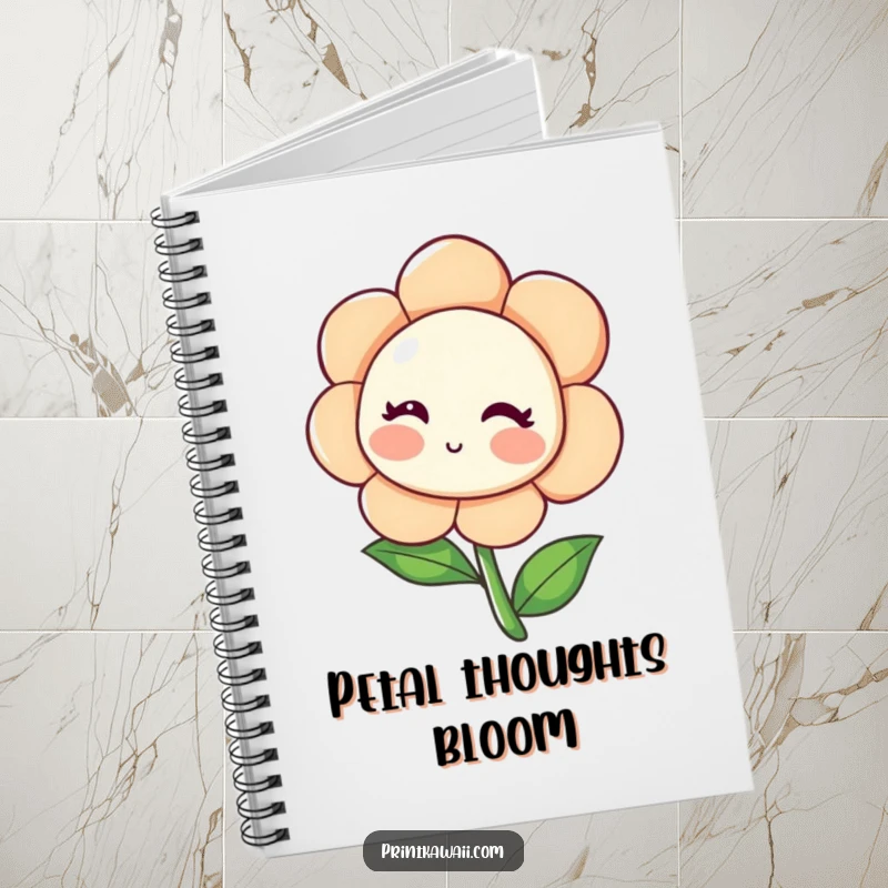 Funny Blushing Flower Notebook with a shy flower character leaning inwards and blushing, perfect for jotting notes with gentle floral charm, a cute funny gift.