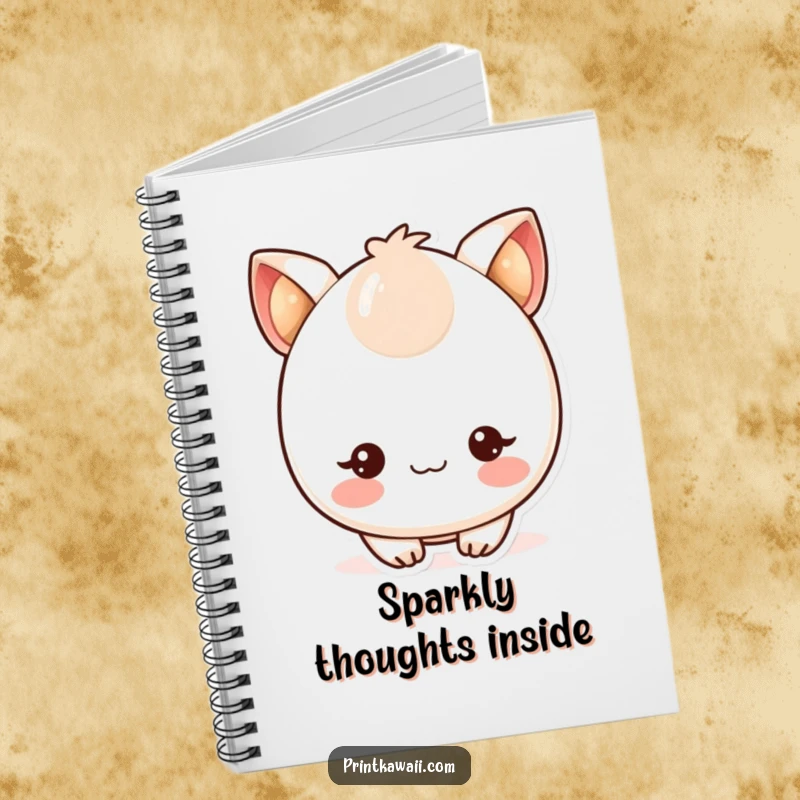 Funny notebook with a cute kawaii character showing blushing cheeks and twinkling eyes, perfect for journaling and notes.