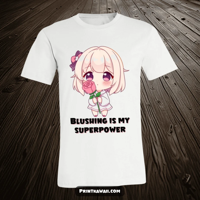 Funny T-Shirt with a character blushing deeply, holding a single, perfect rose, conveying bashful romance and sweet, shy love.