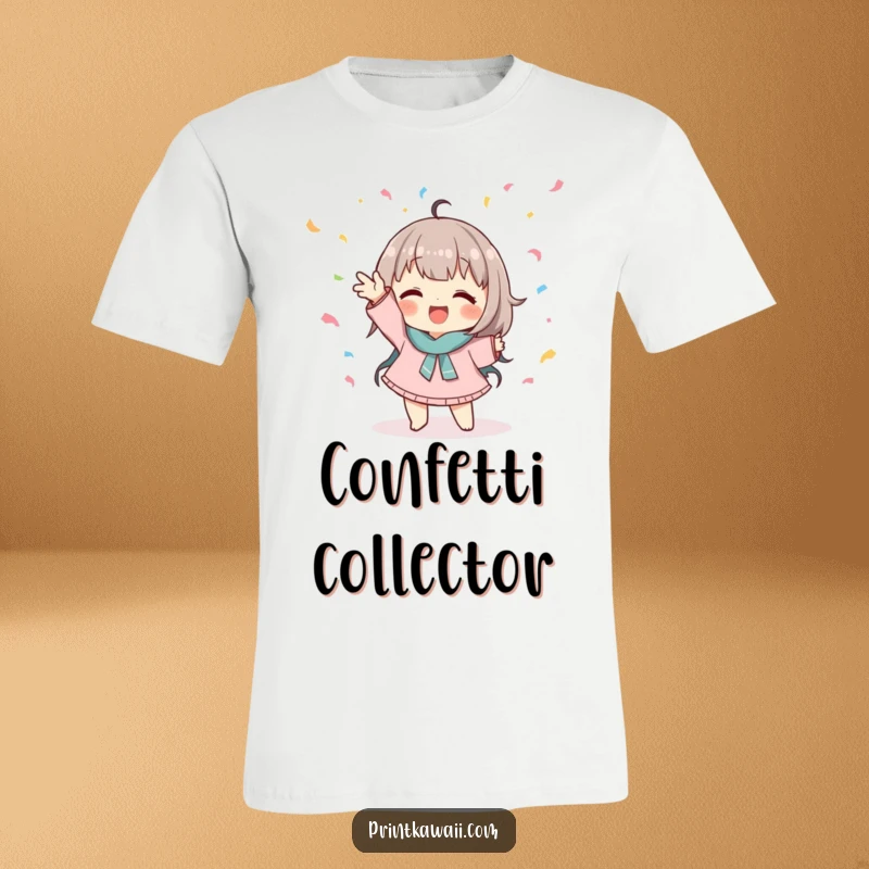 Funny t-shirt depicting a cute character striking a playful pose while catching falling confetti, full of charm.