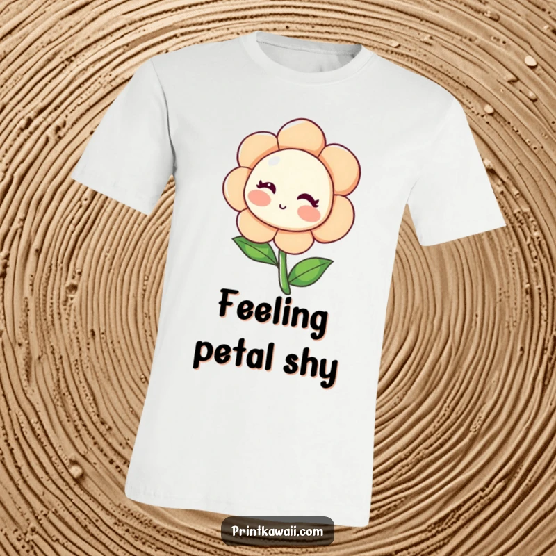 Funny Blushing Flower T-Shirt with a shy flower character leaning inwards and blushing, showcasing sweet and bashful charm, a perfect funny gift.