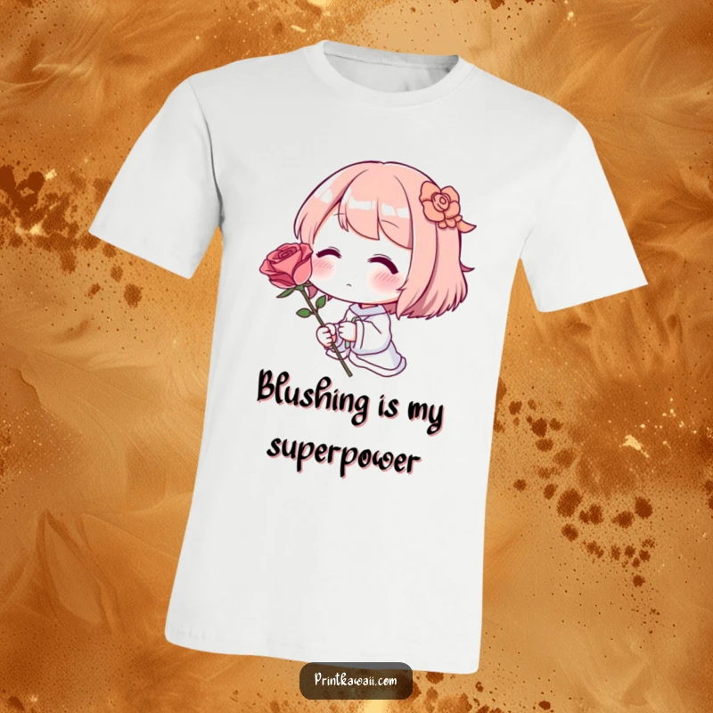 Funny T-Shirt: A character blushing intensely while gently holding a single, perfect rose.