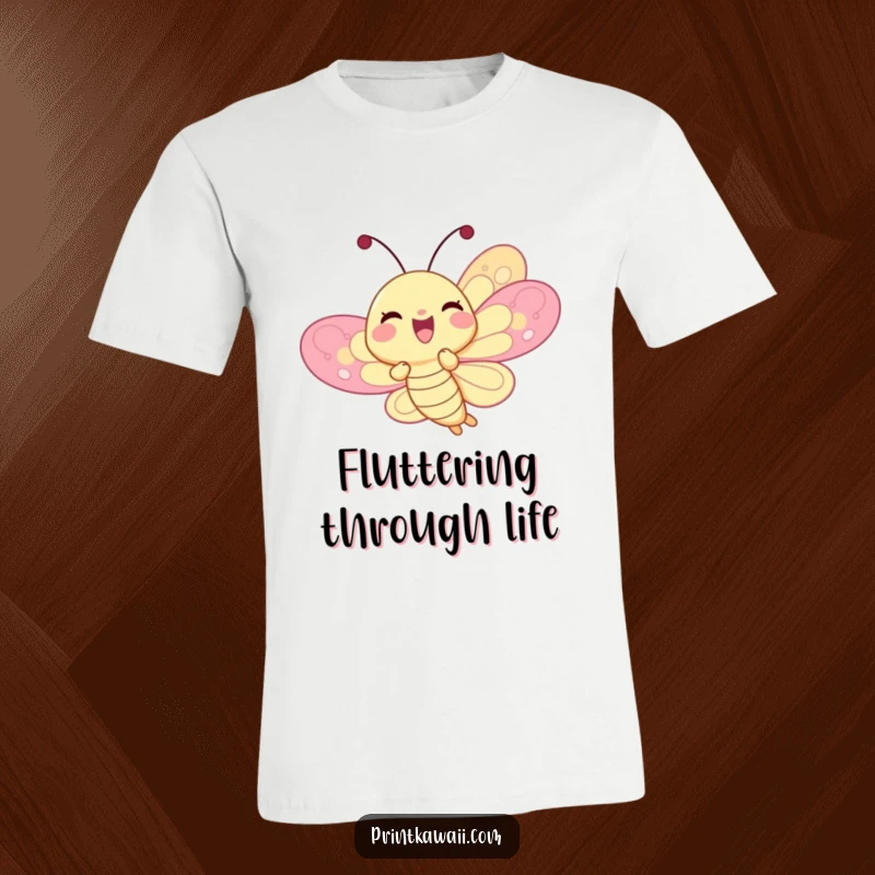 Funny delighted butterfly character on a t-shirt, fluttering joyfully with colorful wings, a celebration of happiness, very funny.