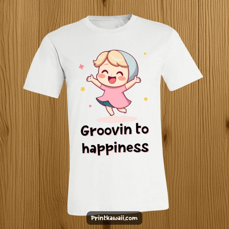 Funny t-shirt with a cute character performing a vibrant, happy little dance with pure glee, showcasing infectious energy and joy.