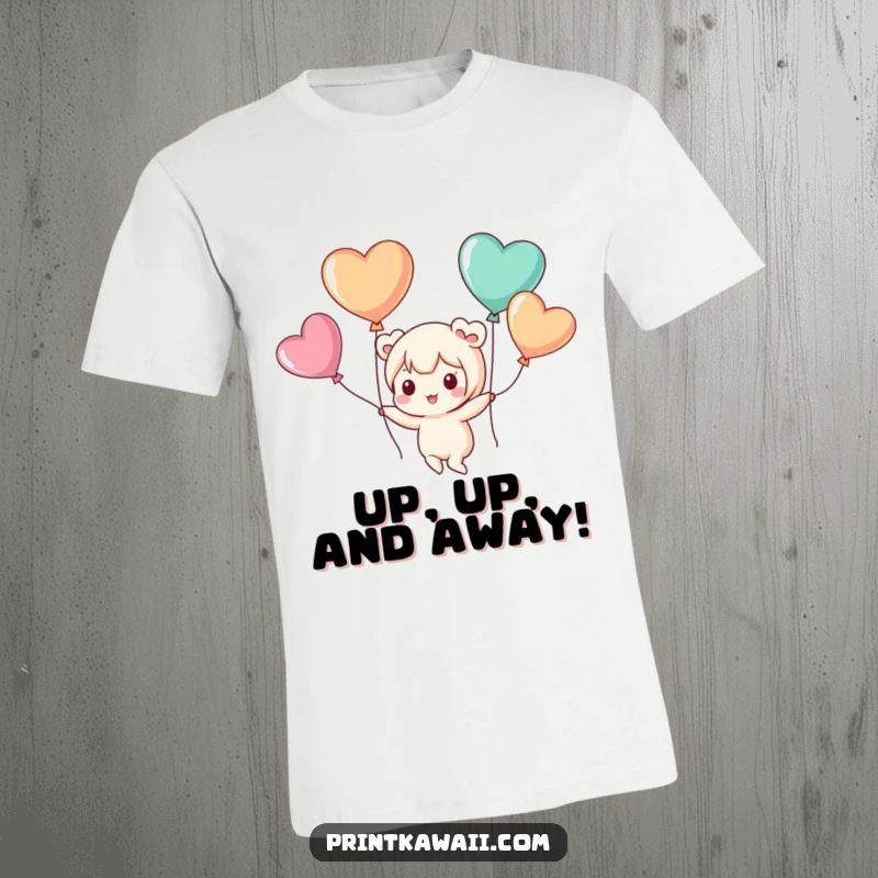 Funny t-shirt with a cute kawaii character playfully floating with heart-shaped balloons, embodying freedom and joy.