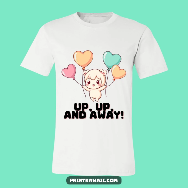 Funny Floating Tee: Cute Kawaii Character's Heart Balloon Adventure