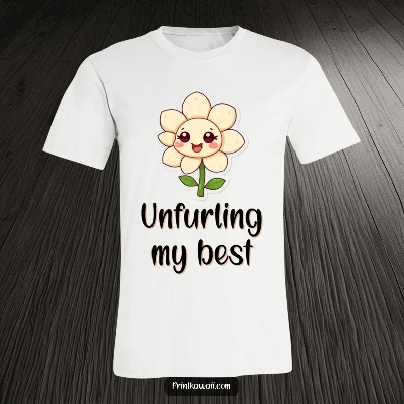 Funny happy flower character on a t-shirt, with petals unfurling, radiating pure joy and vibrant energy, very funny.