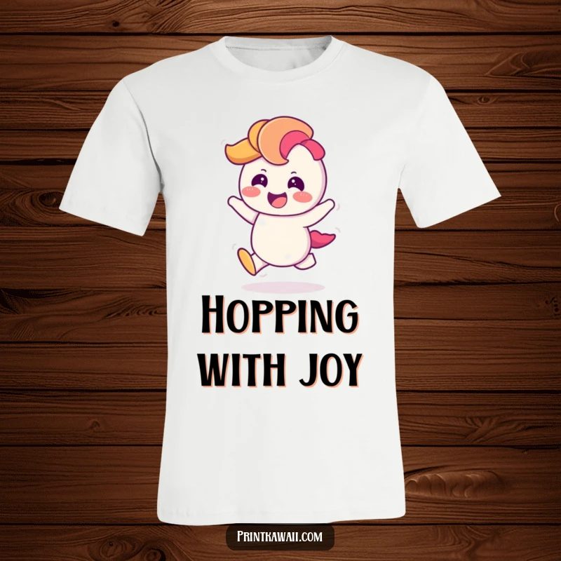 Funny T-Shirt with a giggling rainbow character doing a cheerful hop, perfect for spreading vibrant energy and fun.