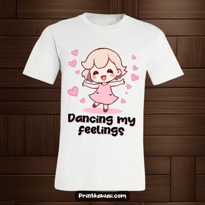 Funny t-shirt depicting a character dancing joyfully with a shimmering trail of hearts, radiating happiness.
