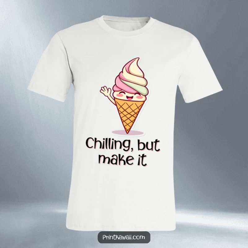 Funny t-shirt with a giggling ice cream cone character waving, showcasing a love for sweets and infectious, playful humor.