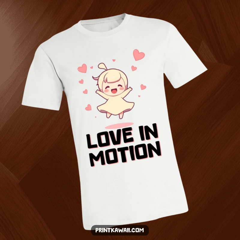 Funny t-shirt featuring a character doing a joyful spin surrounded by tiny floating hearts, radiating happiness.