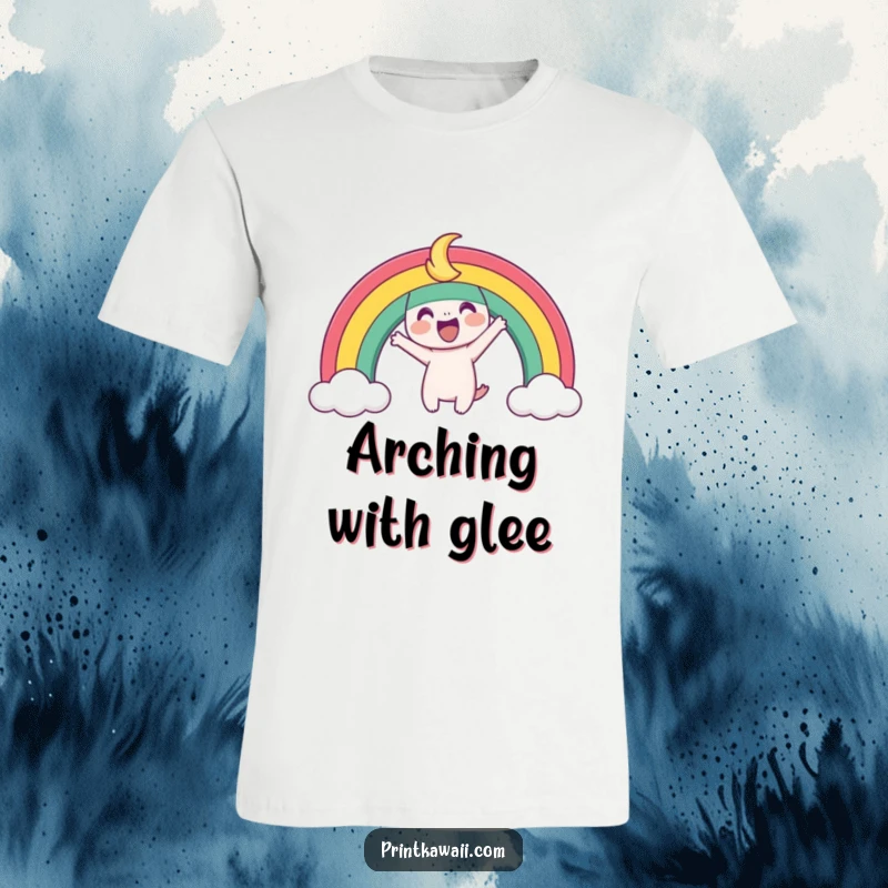 Funny T-Shirt with a playful rainbow character arching joyfully, representing happiness, optimism, and colorful vibes.