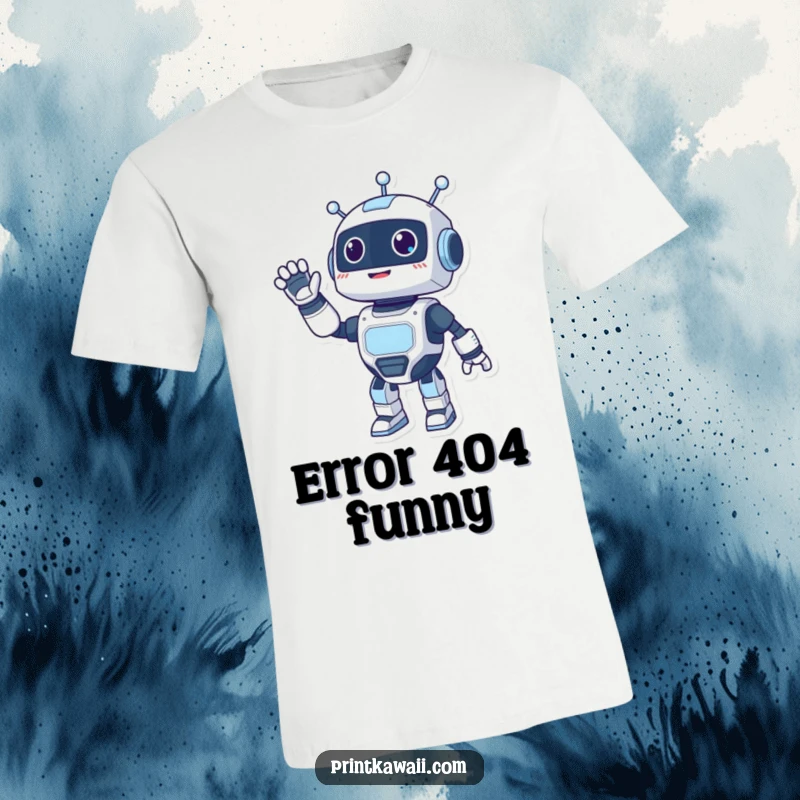 Funny t-shirt depicting a happy robot character waving enthusiastically, symbolizing hello and friendly greetings.