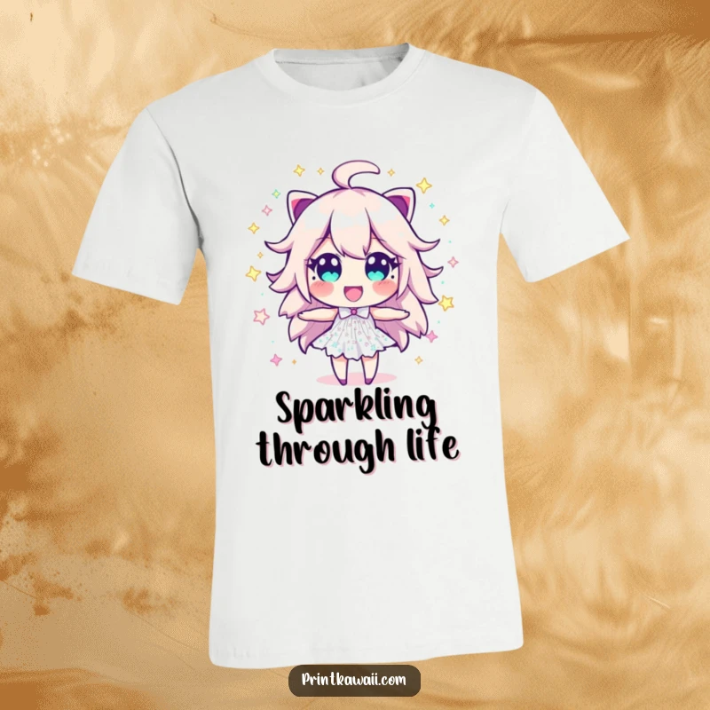 Funny Sparkle Dust T-Shirt: A character composed of shimmering sparkle dust bursts forth, radiating intense excitement and playful energy.