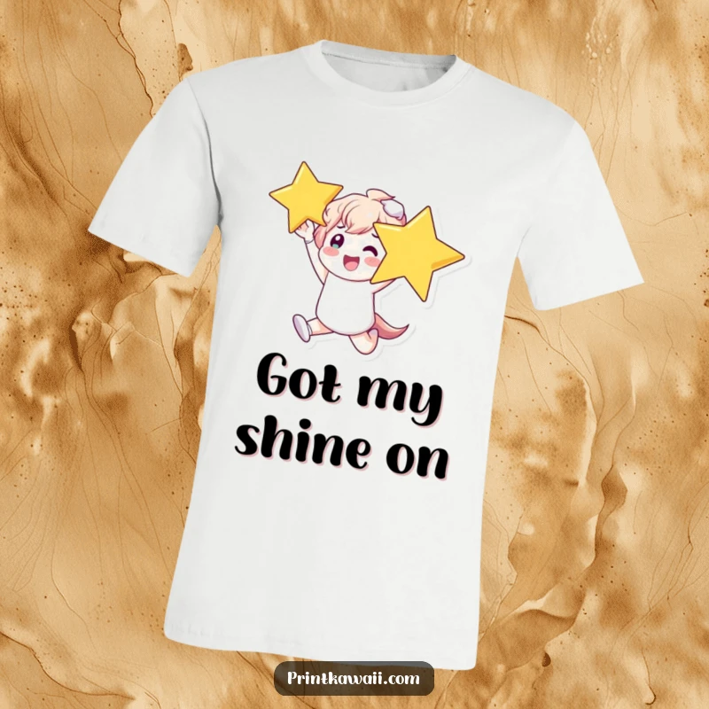 Funny T-Shirt depicting a character joyfully leaping, clutching a bright, shining star, a symbol of ultimate accomplishment.