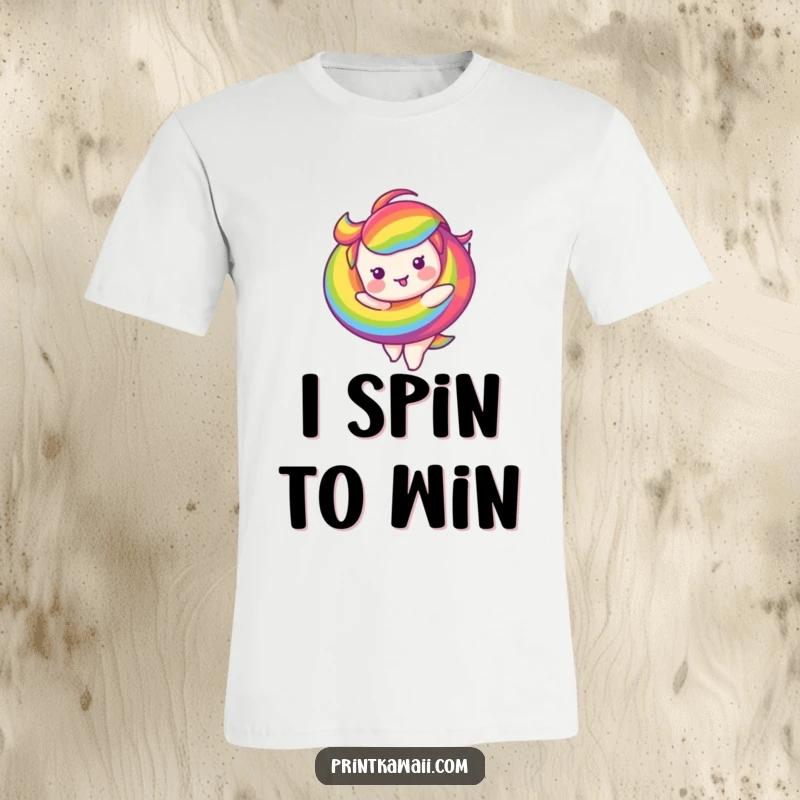 Funny t-shirt with a vibrant rainbow swirl character joyfully twirling, a celebration of happiness and fun.