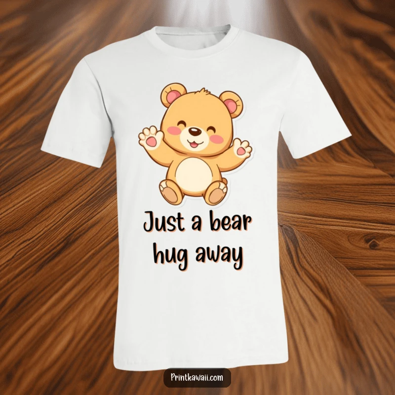 Funny t-shirt showcasing a joyful teddy bear character giving a friendly wave, evoking feelings of happiness and comfort.