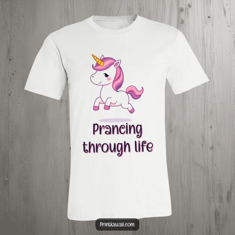 Funny unicorn character prancing with glee on a t-shirt, showcasing its magical nature and infectious happiness in a humorous way.